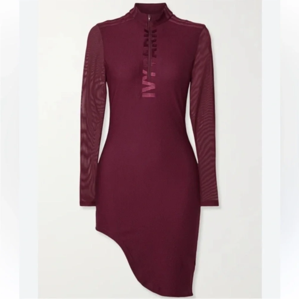 Adidas × IVY PARK Long Sleeve Front Zip Bodycon Asymmetric Mini Dress Maroon S - Picture 2 of 12